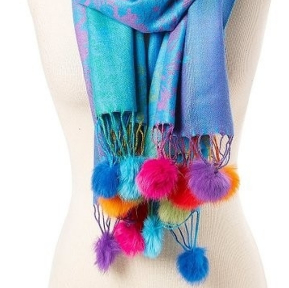 ITALMODE Turquoise Pom-Pom Accent Scarf - Picture 2 of 3